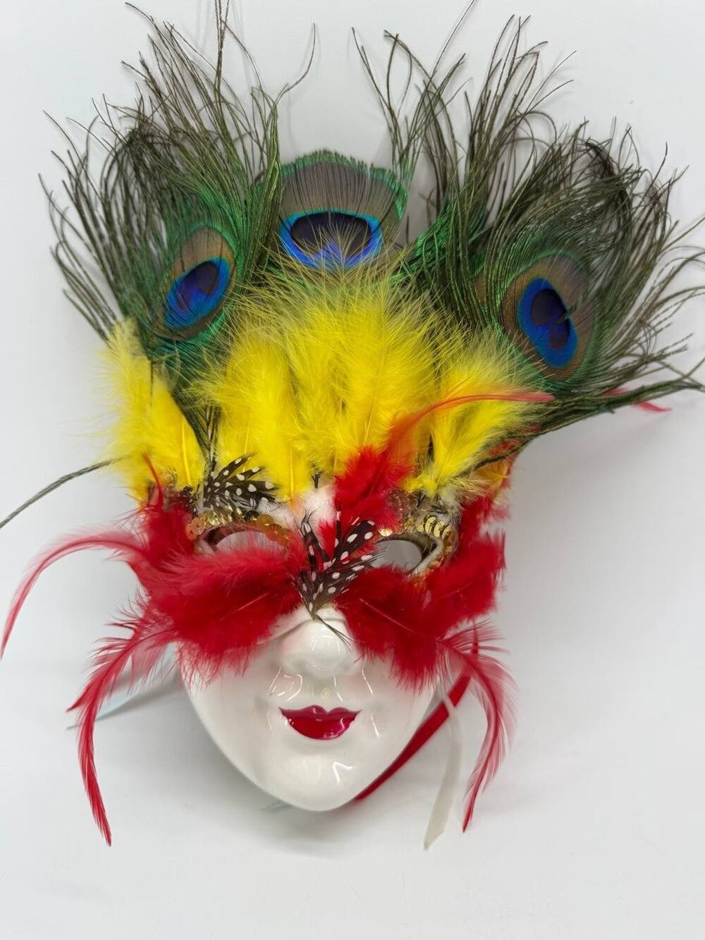 Vintage SATIS-5 Venetian Masquerade Face Mask Peacock Feathers Taiwan Wall Decor